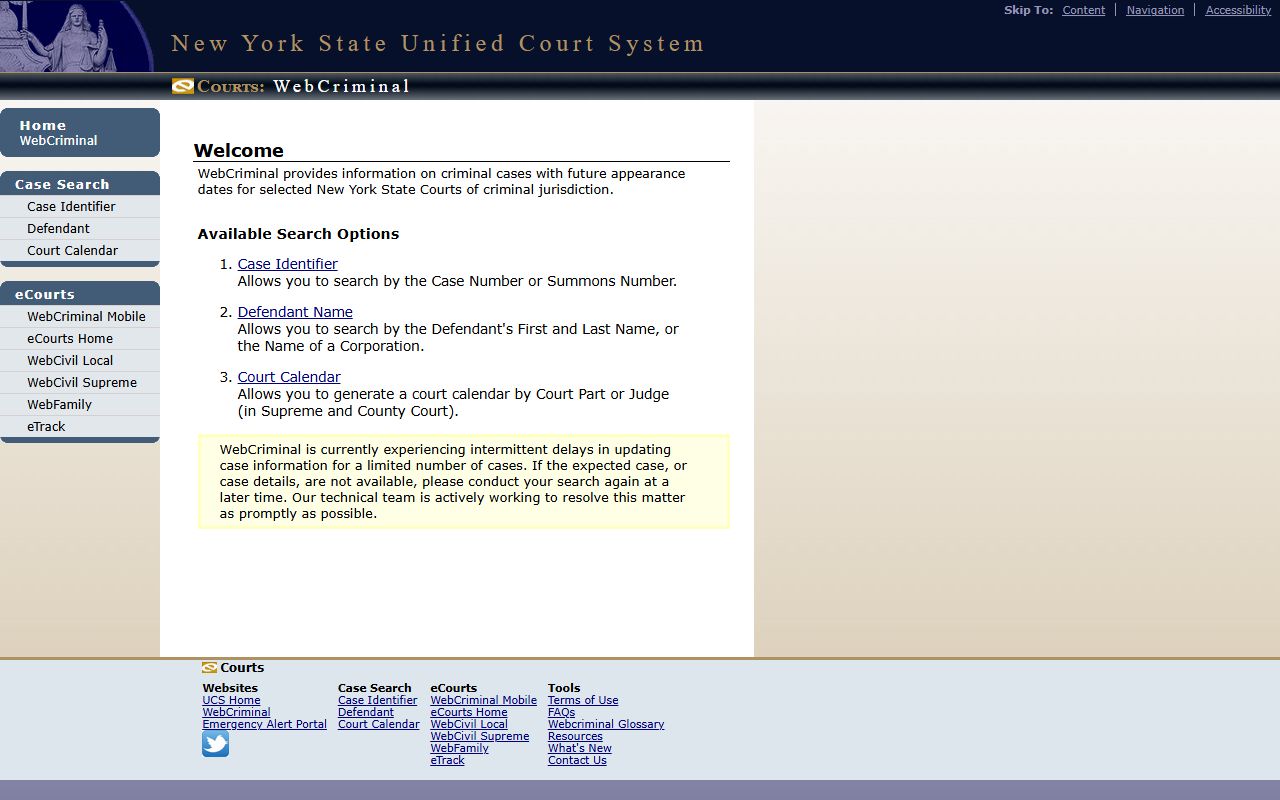 New York WebCriminal portal with case identifier, defendant, and court calendar tabs