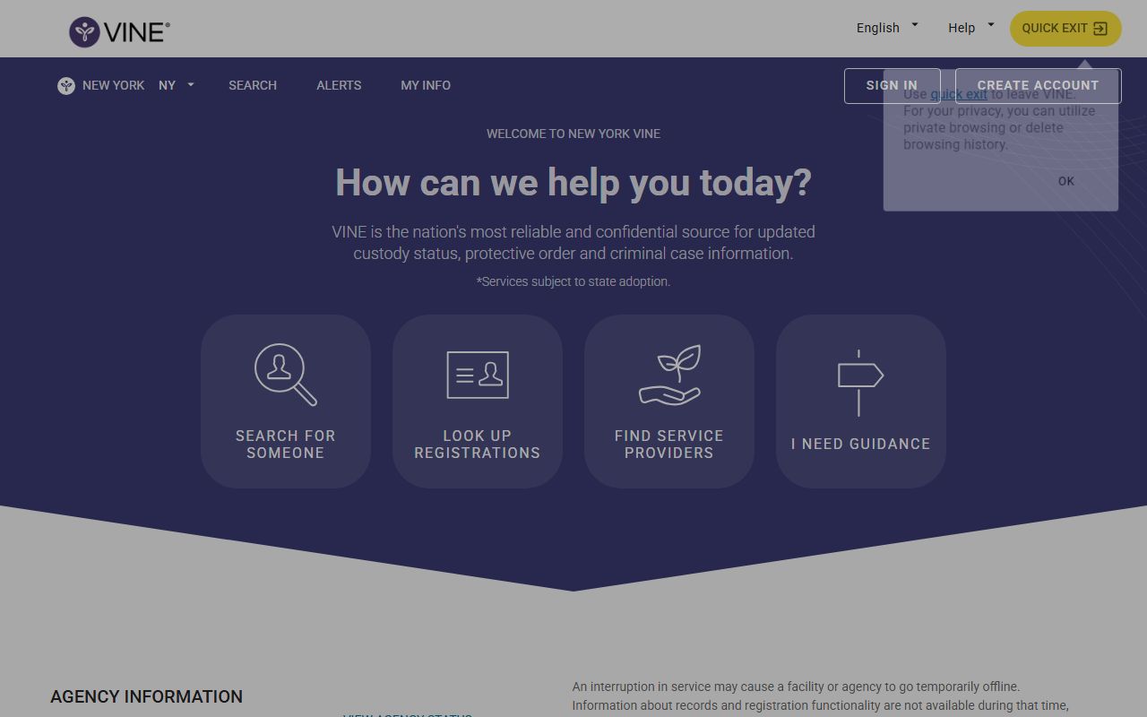 VINELink New York custody lookup landing page used by Oswego County
