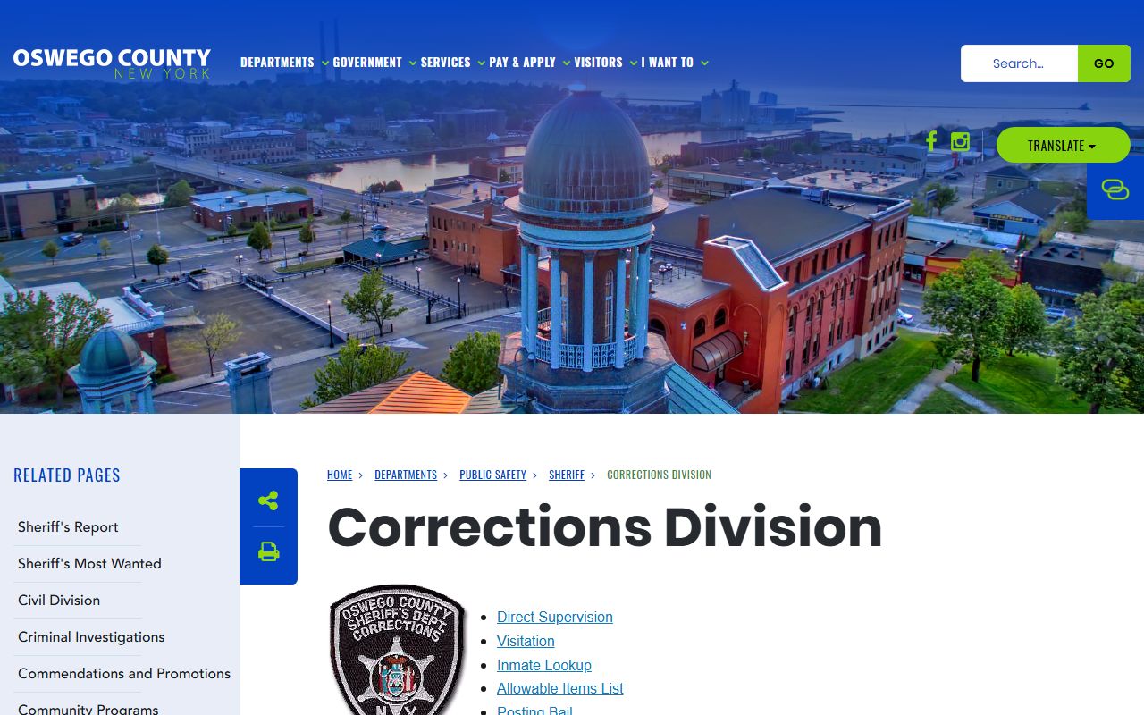 Oswego County Corrections Division page with inmate lookup and jail service links