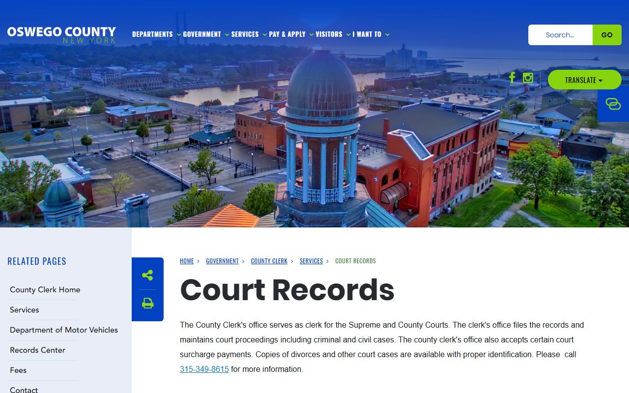 Oswego County Clerk court records page for Supreme and County Court records