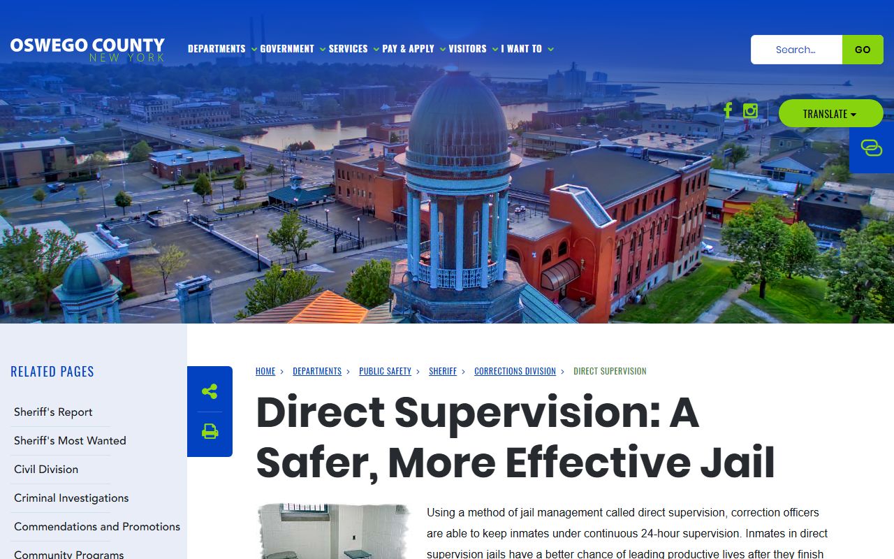Oswego County direct supervision page explaining jail pod design