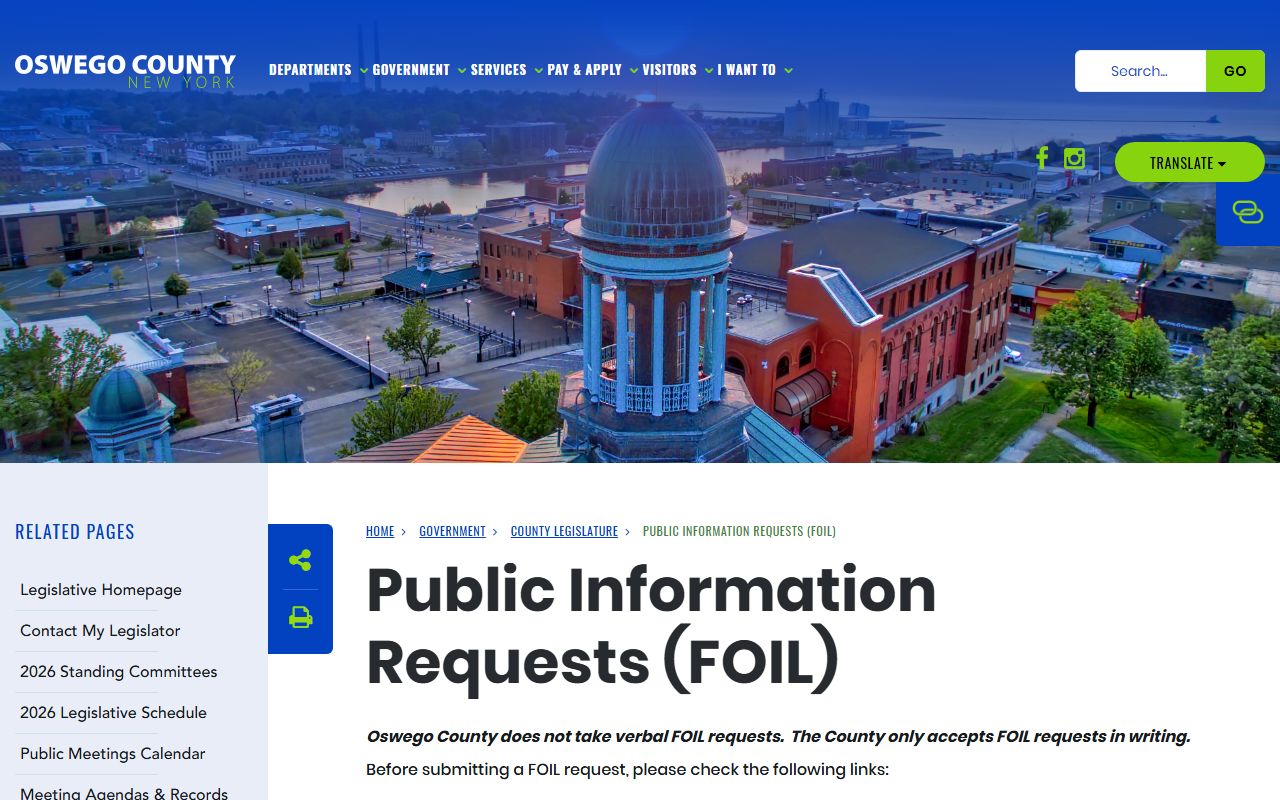 Oswego County FOIL page explaining written request requirements