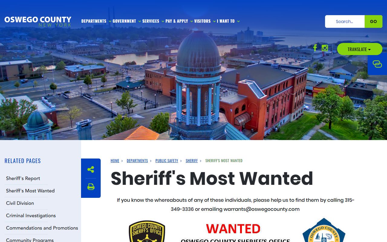 Oswego County Sheriff's Most Wanted page with warrant contact information