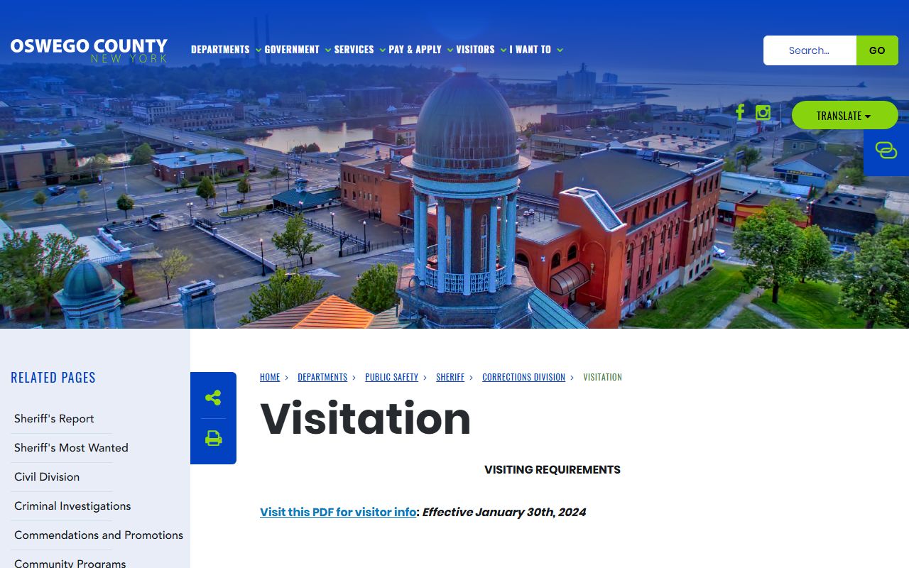 Oswego County visitation page linking current jail visitation information